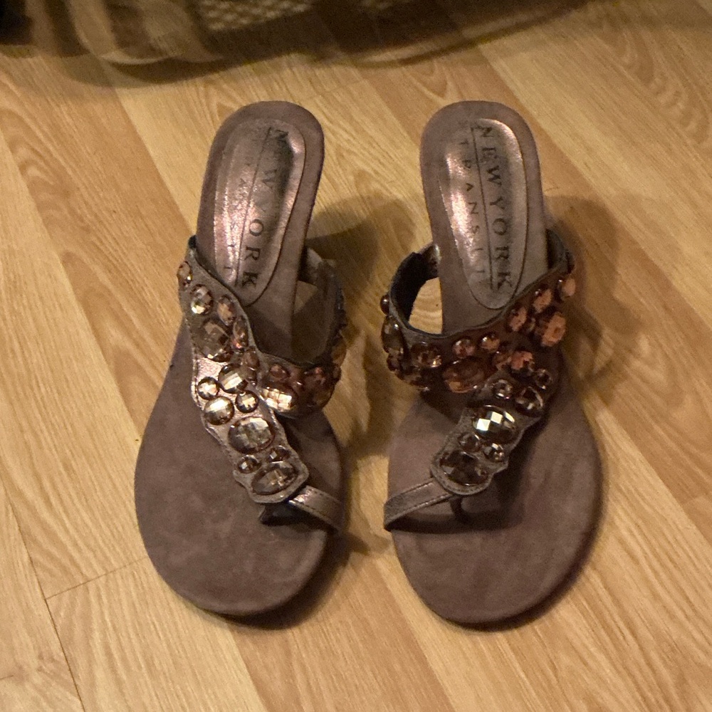 New York Transit Brown Sandals with Gem Embellishments